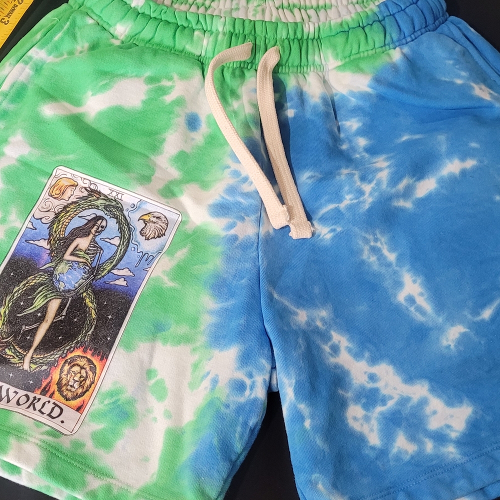 Green and Blue Athletic Tie-Dye Shorts with Drawstring